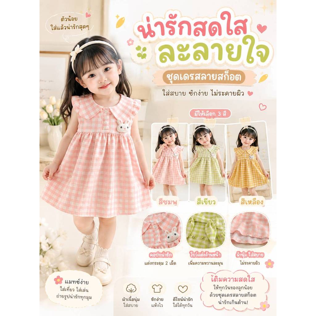 ชุดเดรสสาว ปลอกคอตุ๊กตา น่ารัก หูกระต่าย ตาหมากรุก กระโปรงเจ้าหญิงกระต่ายน้อย