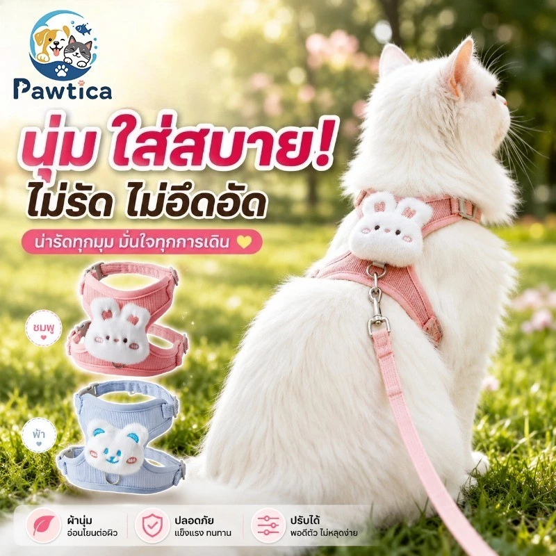 PawTica สายจูงแมวรัดอก เสื้อจูงแมวหมา น่ารักสุดๆ ลายหมี/กระต่าย น้ำหนักเบา ปรับกระชับ ช่วยลดการหลุด สำหรับสัตว์เลี้ยงเล็ก S/M