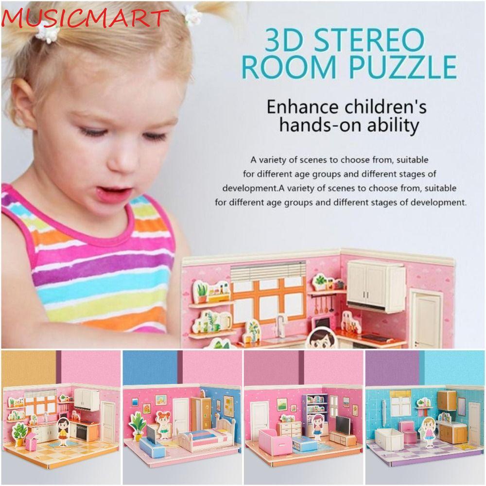 MUSICMART 3D Room กระดาษแข็งห้องครัว 3D Room Model ปริศนาของเล่น, Creative Handmade ห้องนอน 3D Room 