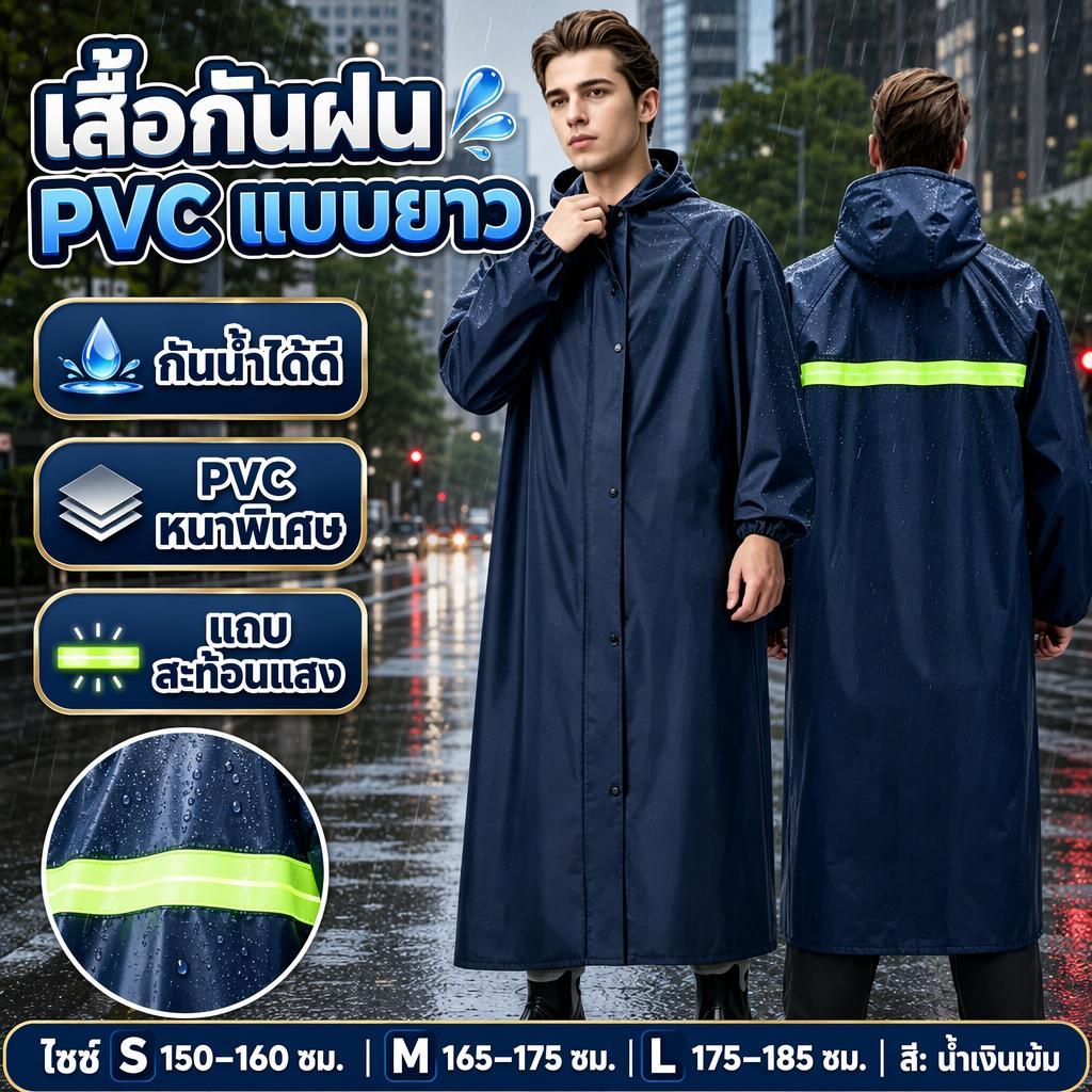 Fancy เสื้อกันฝนตัวยาว ยาวเลยเข่า [แห้งสนิทไม่เปียก] หนาพิเศษ 2 ชั้น มีซิป+กระดุม แถบสะท้อนแสงนิรภัย กันน้ำ 100%