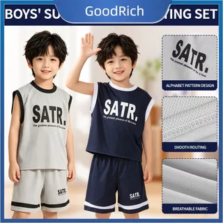 【สินค้าพร้อมส่ง】 ชุดเสื้อผ้าเด็กผู้ชายฤดูร้อน แห้งเร็ว ชุดเสื้อกั๊กแขนกุดพิมพ์ลายตัวอักษร + กางเกงขาสั้น 2 ชิ้น 【GoodRich】