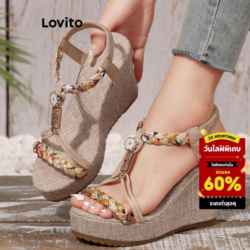 Lovito วันหยุด โบฮีเมียนสีธรรมดาบล็อกผ้าโครงกระดูก Wedge รองเท้าสไตล์ชาติพันธุ์ Wedges สําหรับผู้หญิง LFA65322