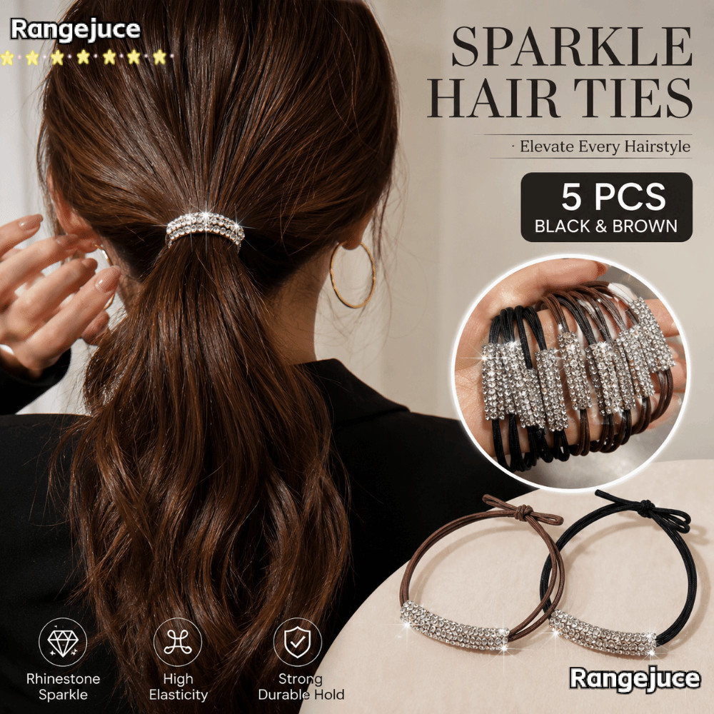 RANGEJUCE 5 ชิ้น ‌ผ้าผูกผมคริสตัล,สีน้ําตาลสีดําเงา พลอยเทียม ผมยืดหยุ่น,แฟชั่นผู้ถือผมหางม้าไม่มี ฮาร์ท เชือกยืดหยุ่นสูงยางรัดอุปกรณ์