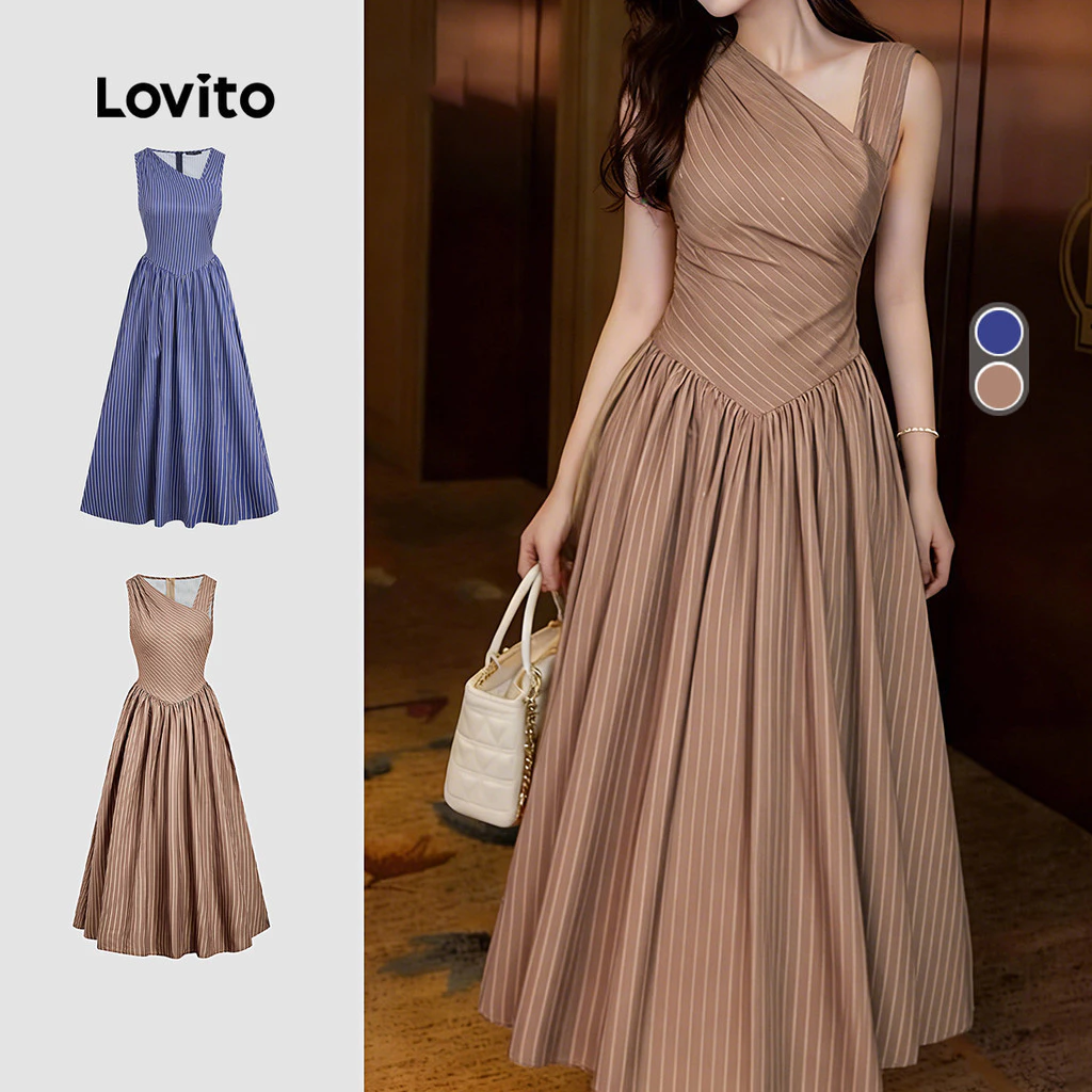 Lovito สง่างาม เดรสผู้หญิงสีน้ําตาลฤดูใบไม้ผลิ/ฤดูร้อนแบบไม่สมมาตร L164LD247