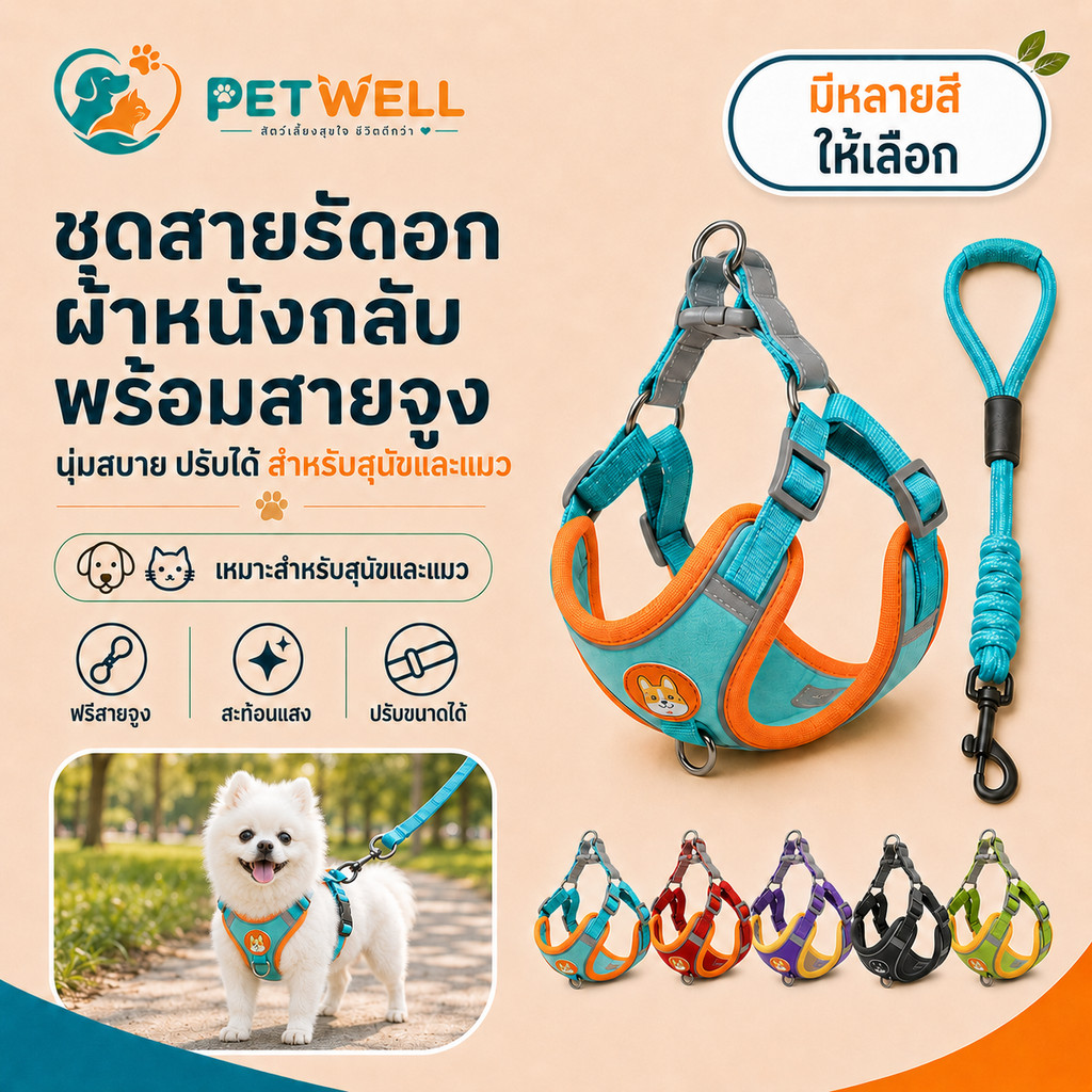 สําหรับสัตว์เลี้ยง PETWELL ชุดเชือกจูง สะท้อนแสง ปรับได้ สุนัข แมว สายรัดสุนัขสัตว์เลี้ยง วัสดุกำมะหยี่