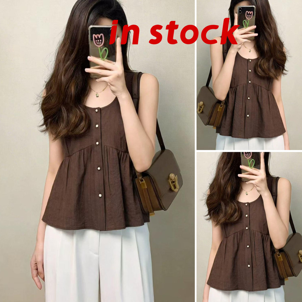 [Grojoy] (คลังสินค้าพร้อม) เสื้อผ้าสุภาพสตรีด้านบนฤดูร้อนสไตล์ใหม่หลวมสบายๆ Classy เสื้อแขนกุดสีน้ําตาลขนาดเล็กด้านบน A0501