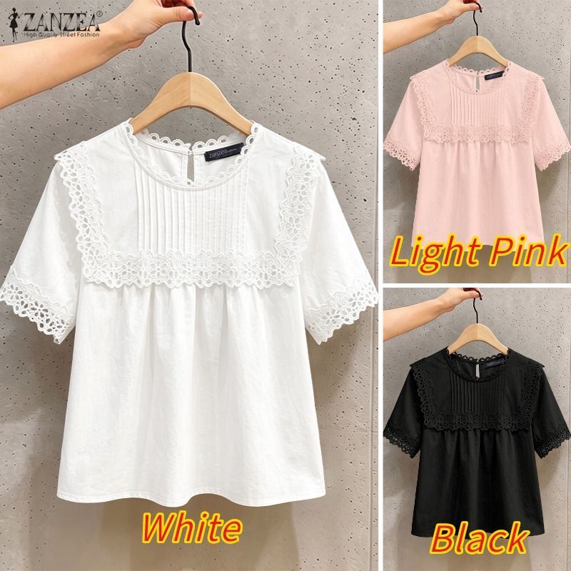 ZANZEA ผู้หญิงเกาหลีประณีต Chic รอบคอแขนสั้นลูกไม้ Patchwork Pleats ธรรมดาเสื้อ — صورة 3