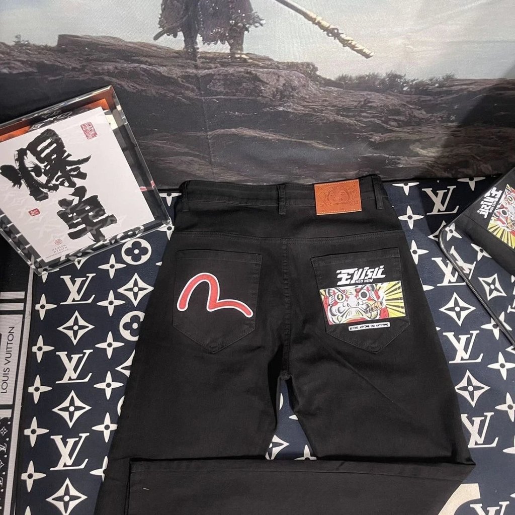 ((อย่ารับตัก) กวางโจวเทพเจ้าแห่งโชคลาภ EVISU สไตล์ใหม่สไตล์อเมริกันสลิมฟิตสตรีทสวมพิมพ์กางเกงยีนส์สก
