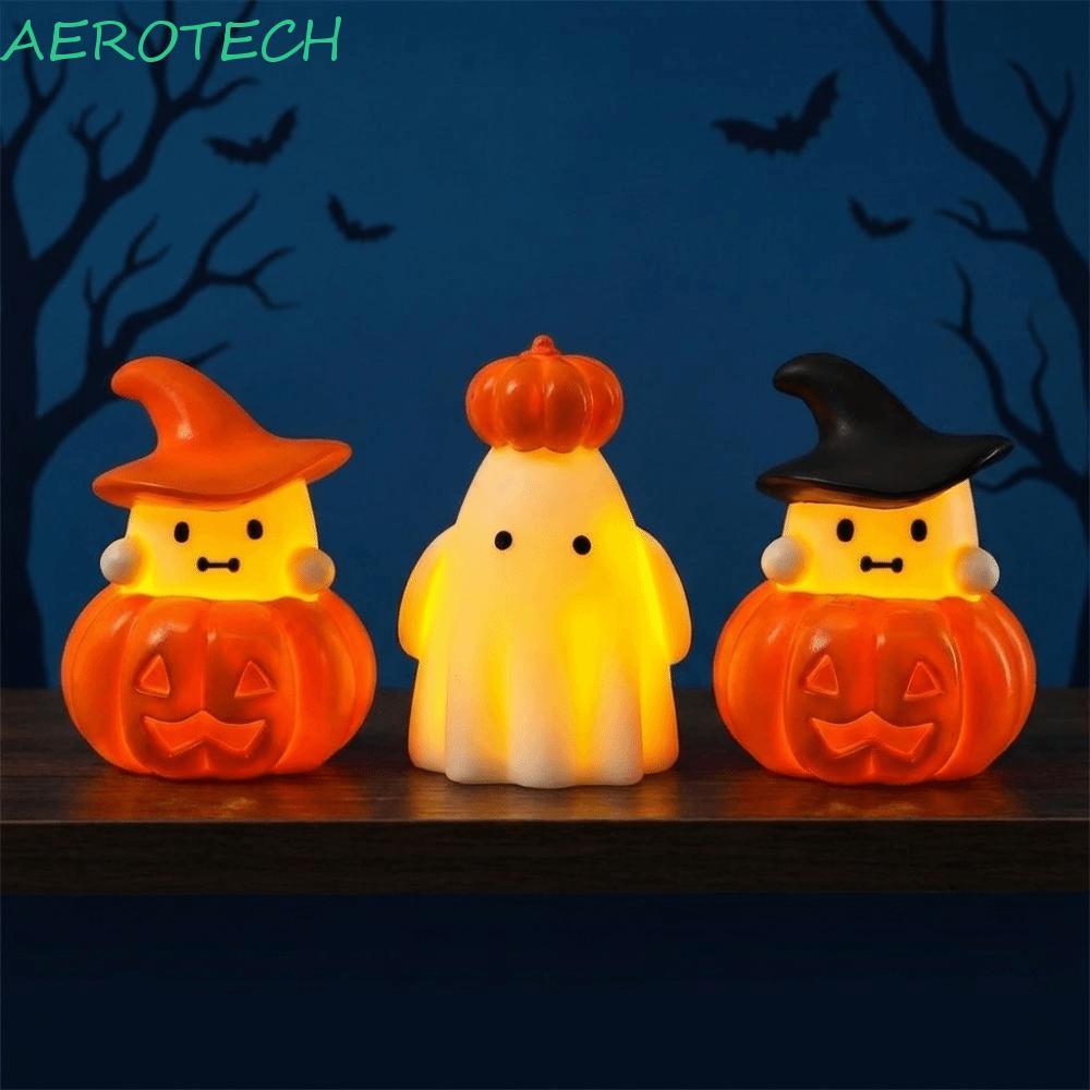 AEROTECH Ghost Nightlight, LED เรืองแสงปุ่มเซลล์แบตเตอรี่ดําเนินการฮาโลวีน LED Decor, Warm Light เรซิ่น Craft Mini ขนาด Spooky โคมไฟตั้งโต๊ะข้างเตียง Nightstand