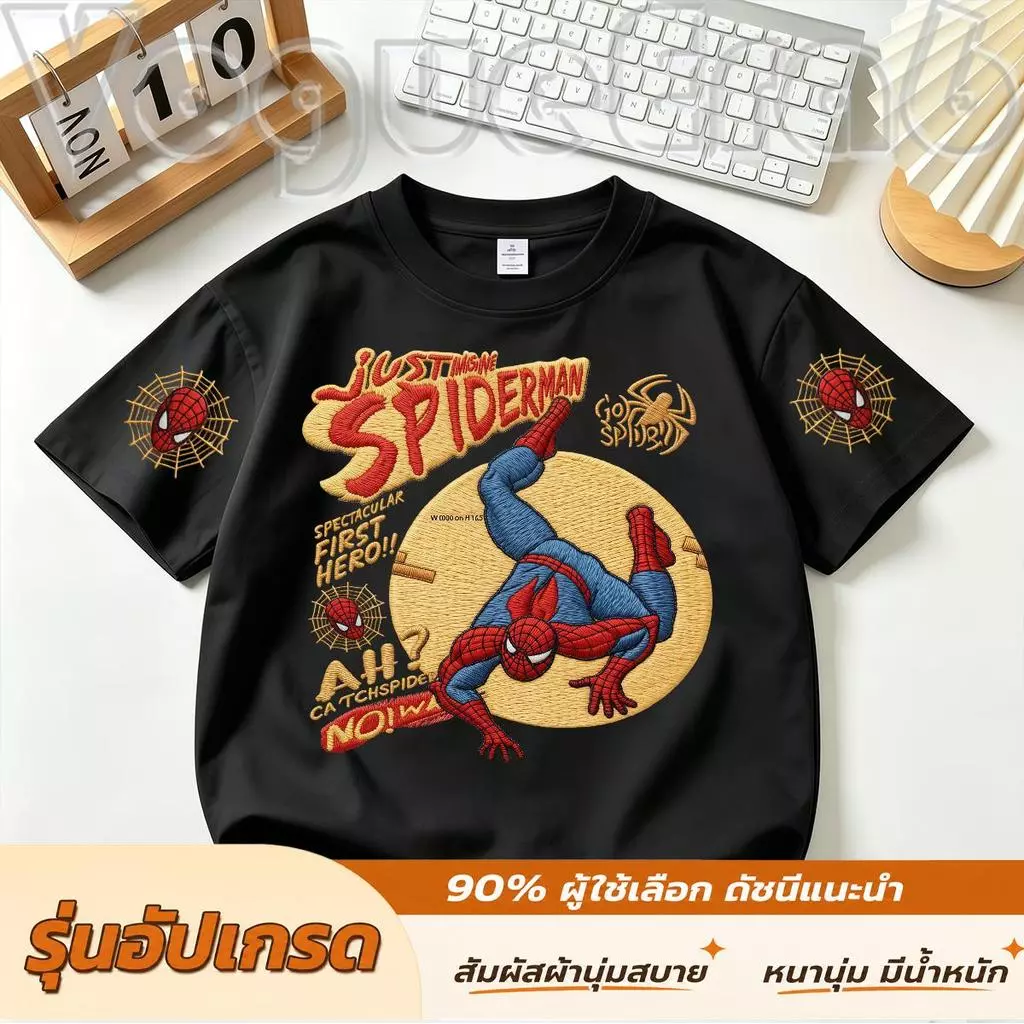 เสื้อยืดเด็กผ้าฝ้ายแท้แขนสั้น สีครีมอ่อน ผ้าฝ้าย100% นุ่มละมุนระบายอากาศ ไม่ระคายผิวเด็กผู้ชาย ลายปัก3D Spiderman สไปเดอ