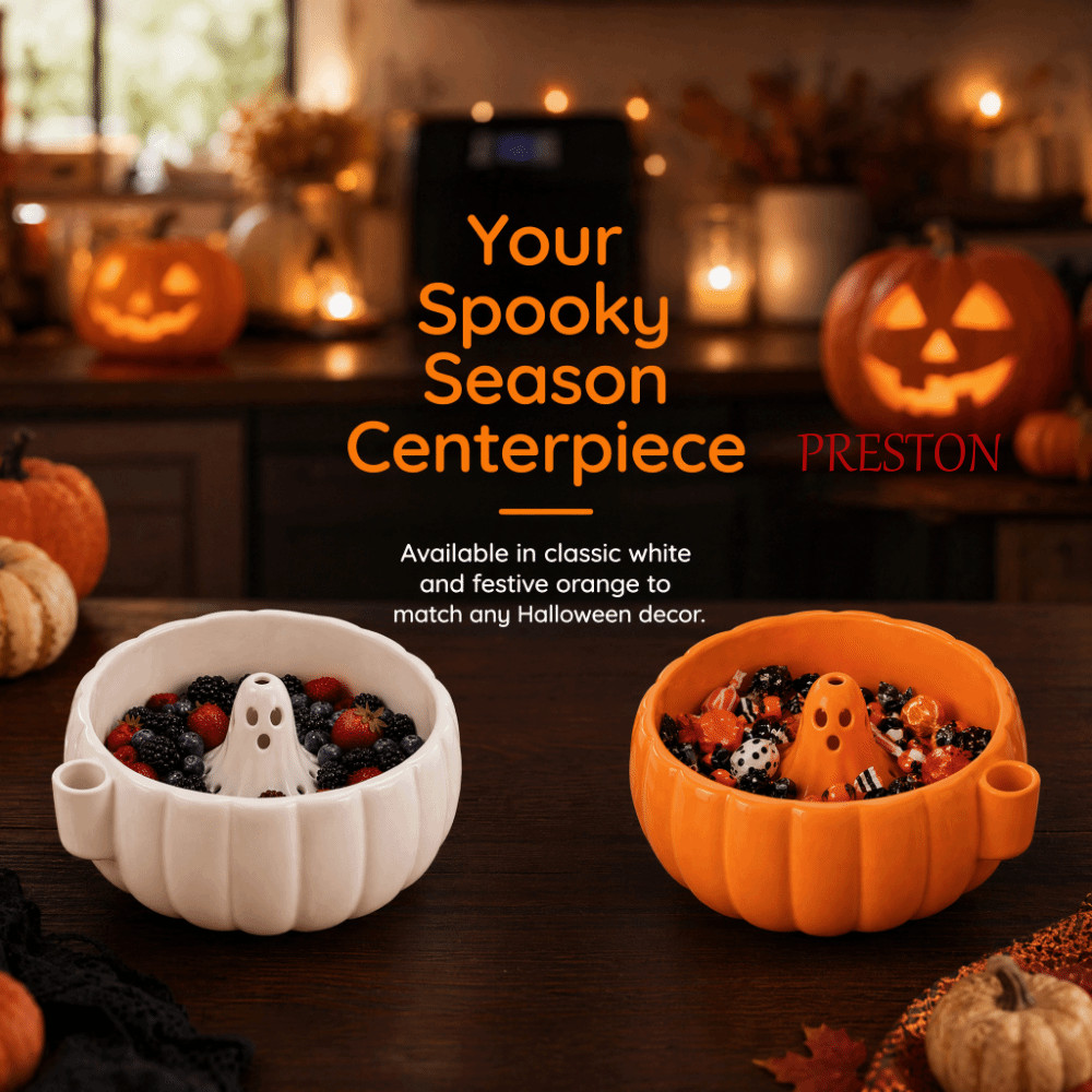 PRESTON Halloween Pumpkin Berry Swirl Bowl, Quick Drain ความจุขนาดใหญ่ชามล้างผลไม้อัตโนมัติ, Self-spinning Central Flow Guide Dynamic Vortex 3D พิมพ์ชามทําความสะอาดผลไม้