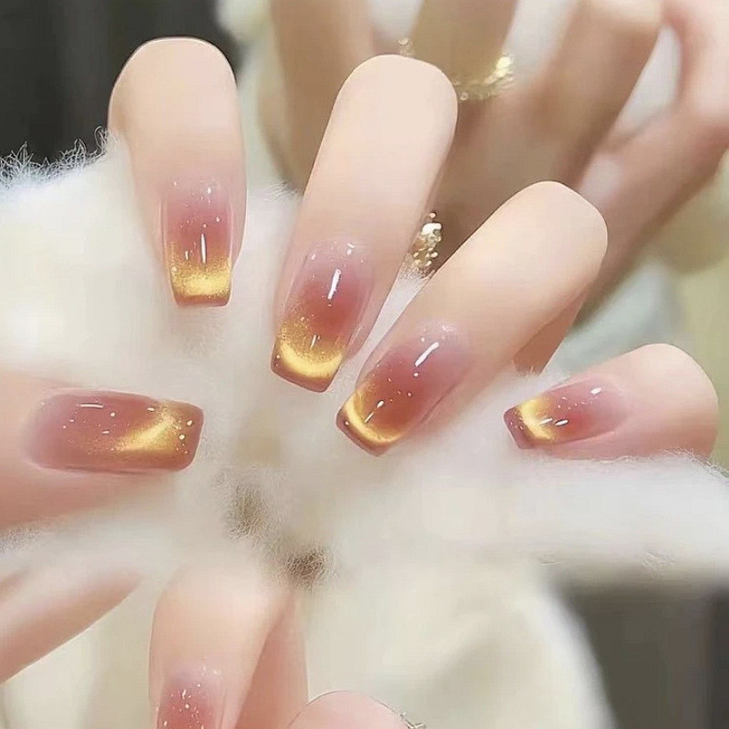 [Sunset Sunset] Spring Summer Nude Color Dopamine Yellow Cats Eye Pure Handmade เล็บสวมใส่ระดับไฮเอน