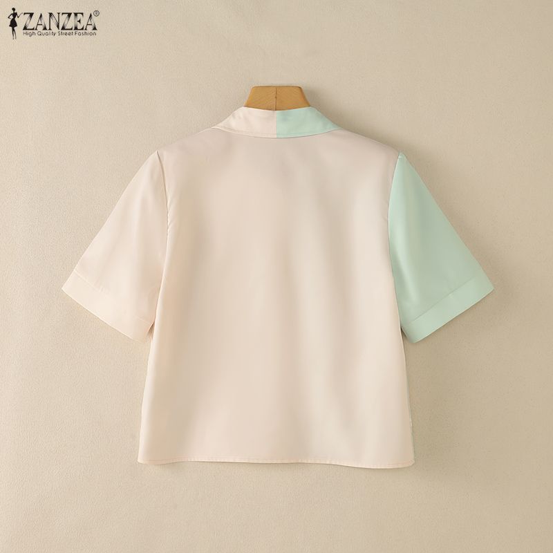 ZANZEA ผู้หญิงเกาหลีหวาน Pastoral Turn-Down-Collar แขนสั้นการ์ตูนกวางพิมพ์ Contrast สีเสื้อ — صورة 8