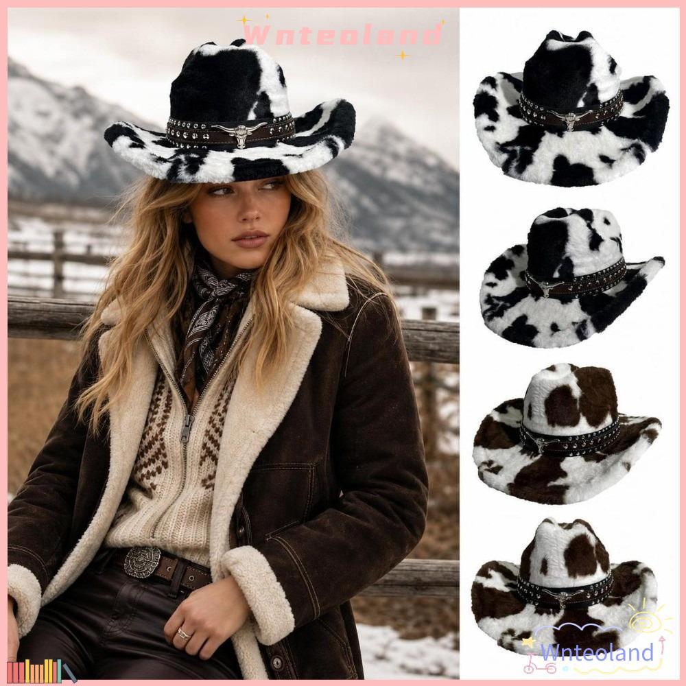 WNTEOLAND วัวพิมพ์หมวกคาวบอย,กว้าง Brim Rivet Strap Plush Western หมวก, Warm Wind ทนตกแต่งเข็มขัดโลห