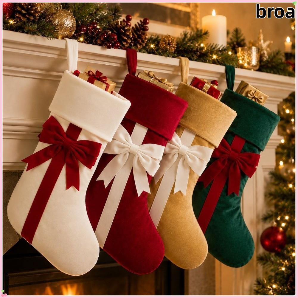 BROA กํามะหยี่ Bow Tie Christmas Stocking, Fireplace Mantel ตกแต่งริบบิ้นกระเป๋าของขวัญคริสต์มาส, Ho