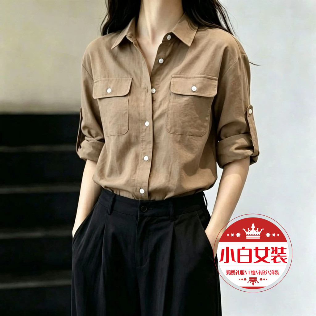 Three-Quarterแขนเสื้อWorkwearฤดูใบไม้ผลิฤดูร้อนฤดูใบไม้ร่วงเกาหลีรุ่นผู้หญิงWorkwearสไตล์กระเป๋าคู่ห