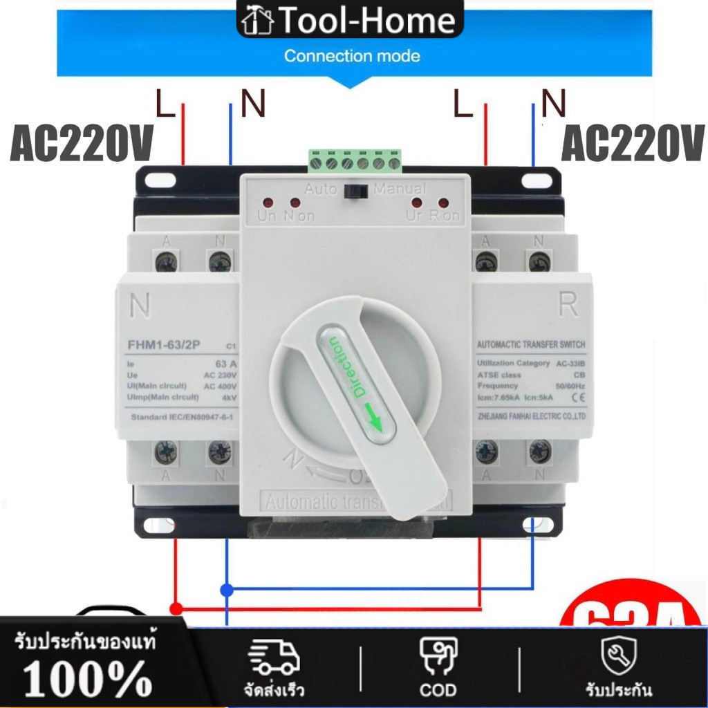 2P 63A Automatic Dual Power Transfer Switch 2P 63A 125A สวิตซ์สลับแหล่งจ่ายไฟ อัตโนมัติ ระบบไฟฟ้าสำรอง