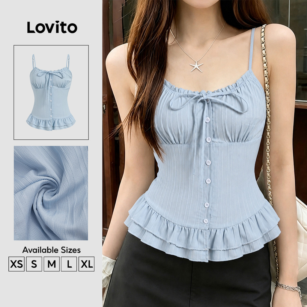 (New Arrival) Lovito เสื้อลําลองผู้หญิง สีฟ้า ผูกเชือก เนื้อผ้านุ่ม สําหรับฤดูใบไม้ผลิและฤดูร้อน TKK