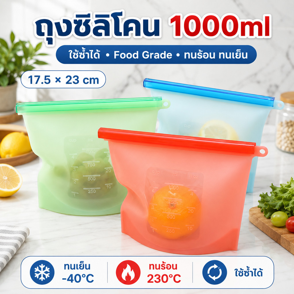 SKY ถุงซิลิโคนใส่อาหาร 1000ml. สูญญากาศ ใส่อาหาร เก็บอาหาร ช่วยรักษาความสดใหม่ ฟู้ดเกรด