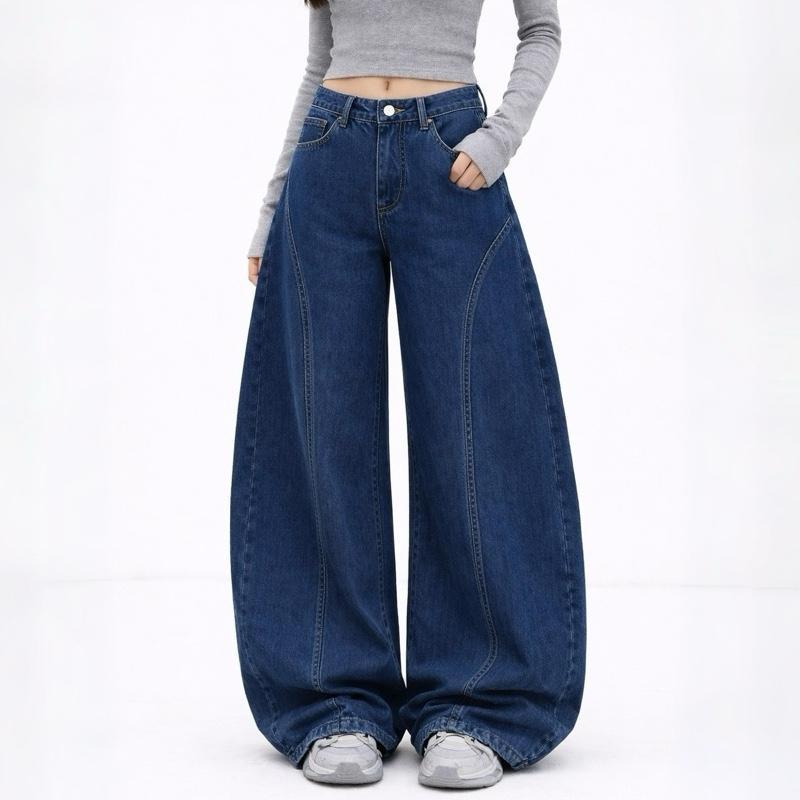 JINJEANS-444 | (XS-6XL) กางเกงยีนส์ทรงหลวม barrel baggy jeans สีเข้ม เอวสูง