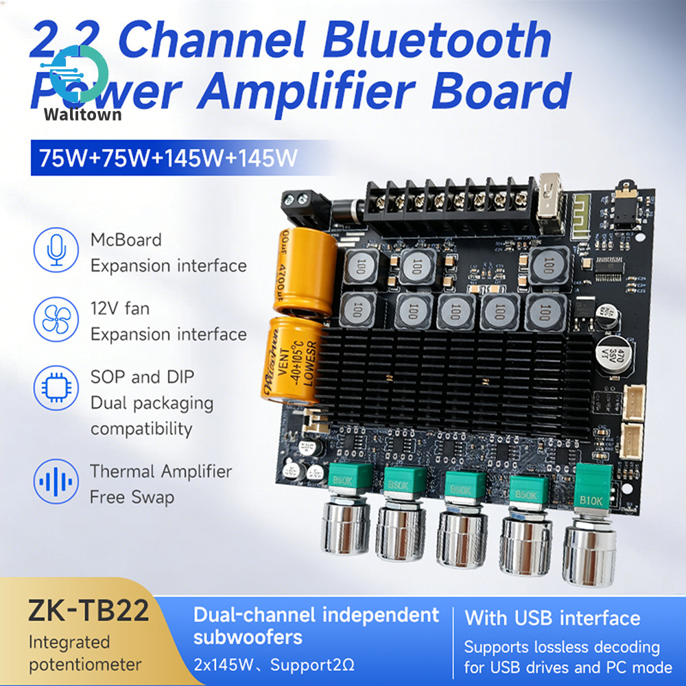 DC12-24V ZK-TB22 อัพเกรด Dual ซับวูฟเฟอร์บลูทูธเครื่องขยายเสียง 2.2 ช่อง 75W + 75W + 145W + 145W