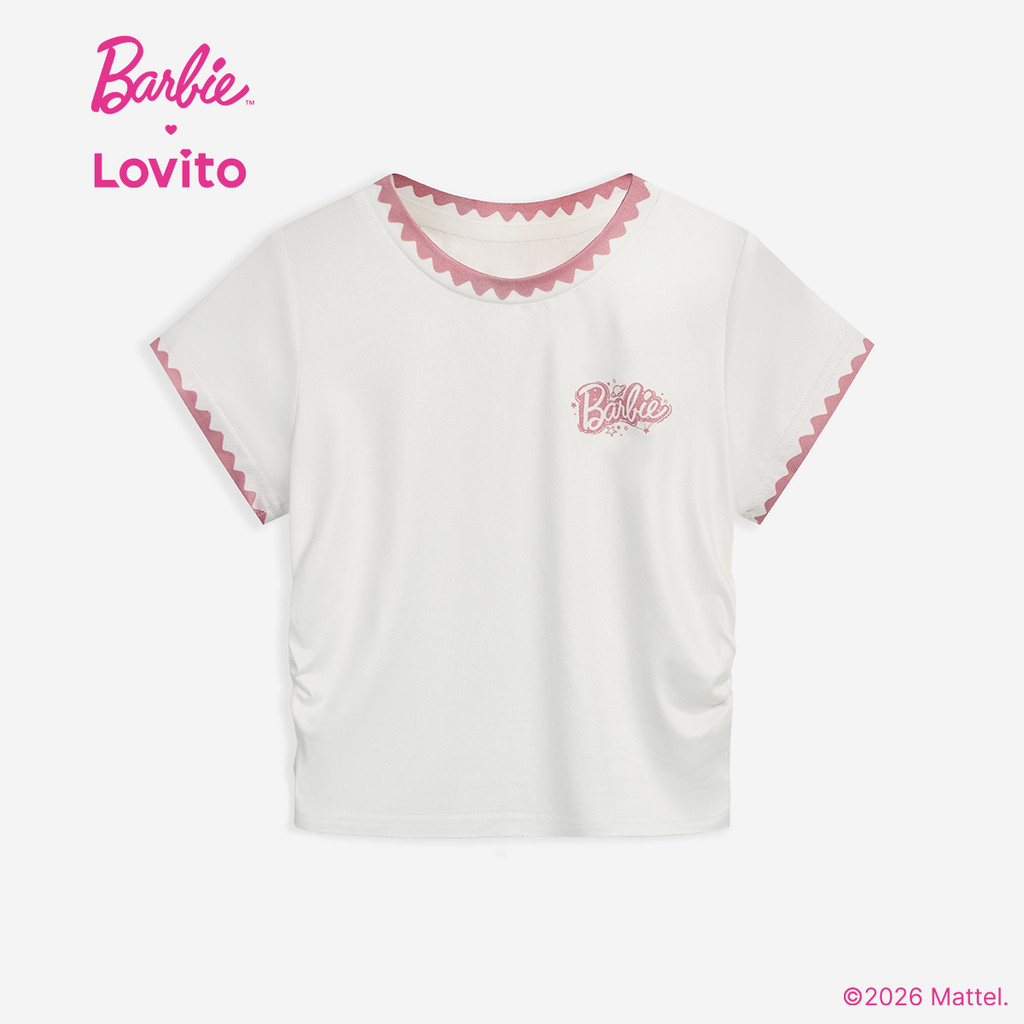 Barbie × Lovito Kids تيشيرت بنات وردي بطباعة حروف — صورة 4