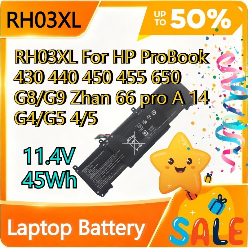 RH03XL 11.4V 45Wh แบตเตอรี่แล็ปท็อปใหม่ RH03XL สําหรับ HP ProBook 430 440 450 455 650 G8/G9 Zhan 66 