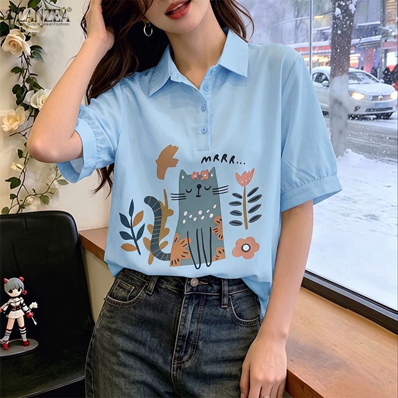 ZANZEA เสื้อเชิ้ตแขนพัฟพิมพ์ลายลําลองสไตล์เกาหลีของผู้หญิงการ์ตูนสัตว์รูปตัว H — صورة 4