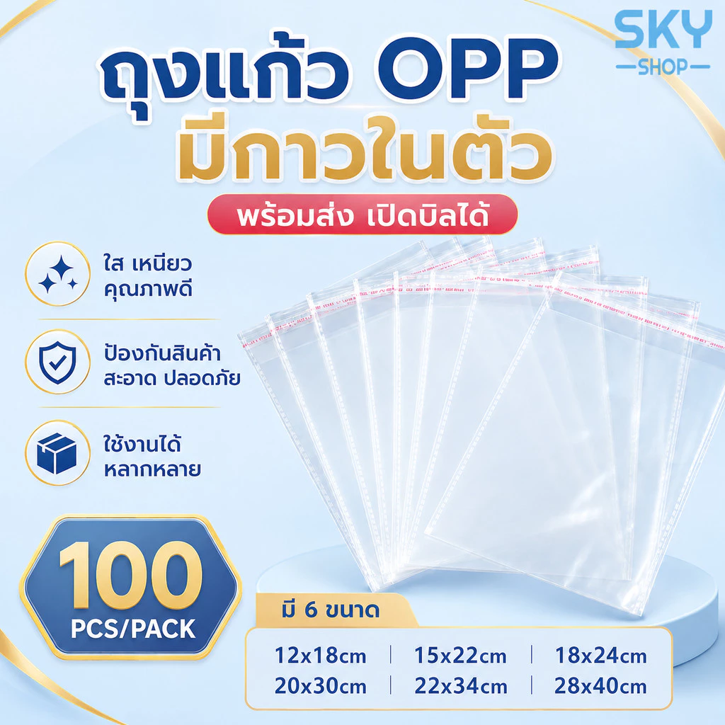 SKY ซองแก้ว ซองพลาสติก OPP ใสเทปกาว 1แพค 100ซอง ซอง OPP ถุงแก้วฝากาว อย่างหนา ซองพลาสติกใสฝากาว ซองพลาสติกใส OPP Bag