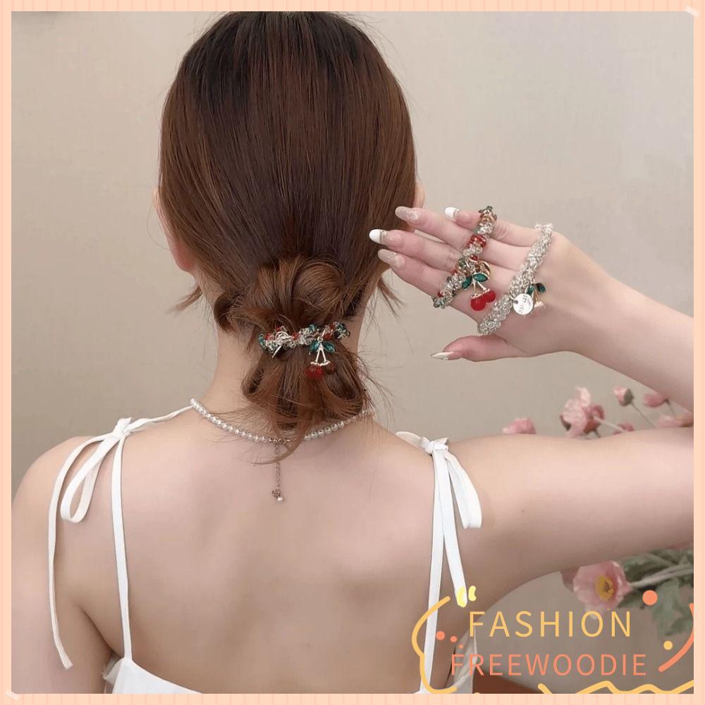 ฟรีวูดกี้ แหวนผม พลอยเทียม,หวานตกแต่งเชือกผมเชอร์รี่,อารมณ์ที่มีสีสันลูกปัดใช้คู่ยางรัดผมยืดหยุ่นสูงสําหรับผู้หญิงแ