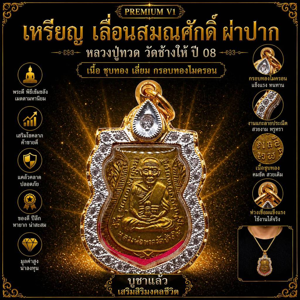 K075 เหรียญ เลื่อนสมณศักดิ์ ผ่าปาก หลวงปู่ทวด วัดช้างไห้ ปี 08 เนื้อ ชุบทอง เลี่ยม กรอบพระ ทองไมครอน ฝังเพชร 3.0x4.5 ซม.
