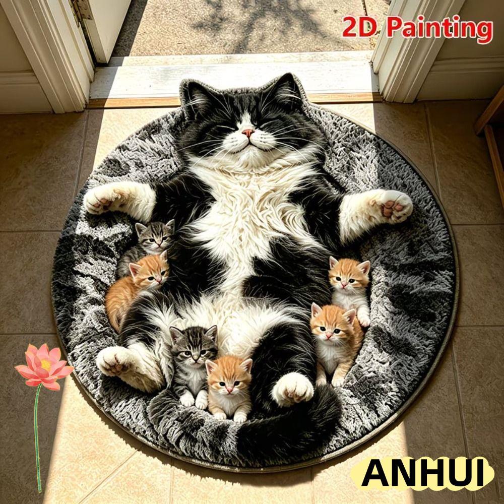ANHUI Cat Area Rug, 2D Anti-puffed Home Decor พรมน่ารักทําความสะอาดง่ายทรงกลมลื่นการ์ตูนพรมห้องนอน