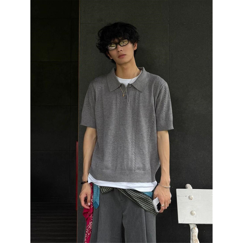 เสื้อยืดแขนสั้นคอโปโลลายแจ็คการ์ดลายรวงข้าวสาลี RBM สไตล์หรูหราทันสมัย ไหล่ตรง ทรงสั้นกว้าง