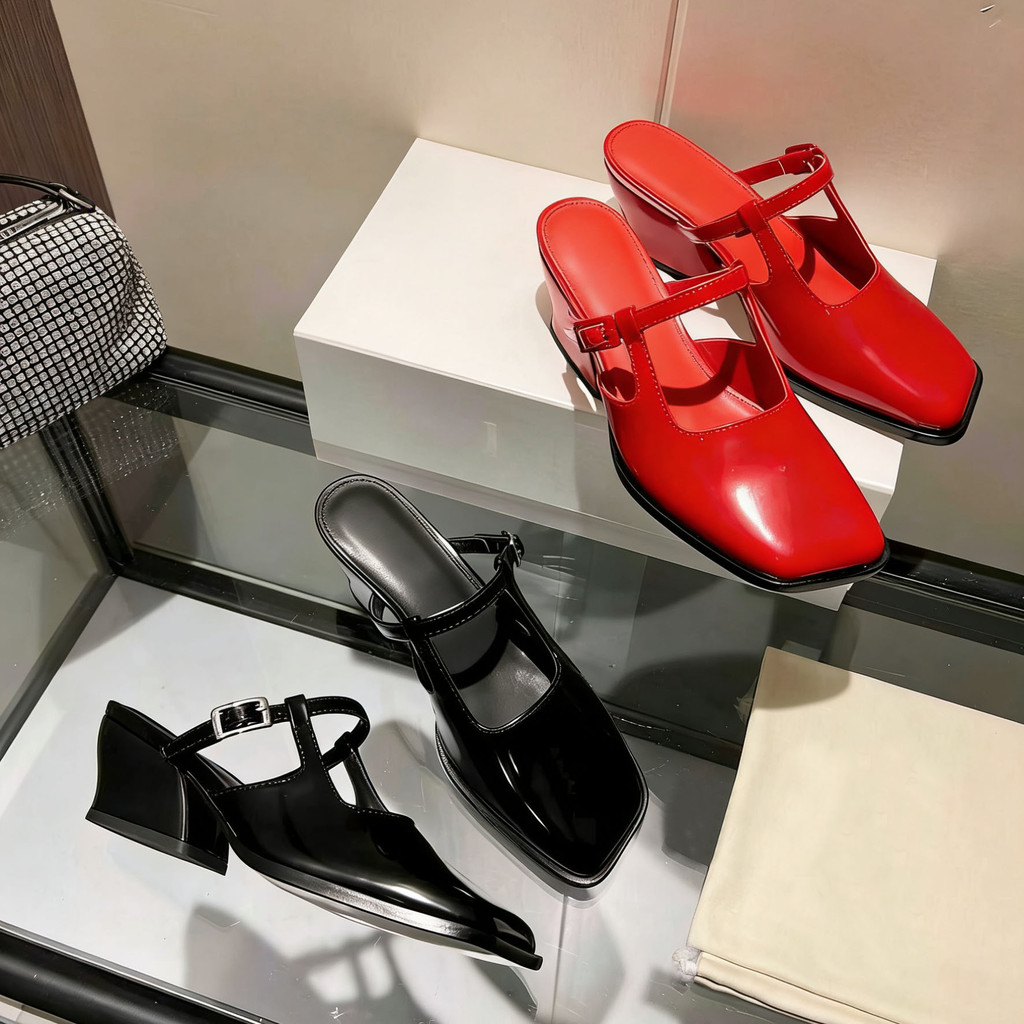 P PPCI รองเท้าแตะขนาดใหญ่ผู้หญิงหนาSoled Wedge Heel Toe-Covered Mulesลายจระเข้T-Shapedสายคล้องคอMary