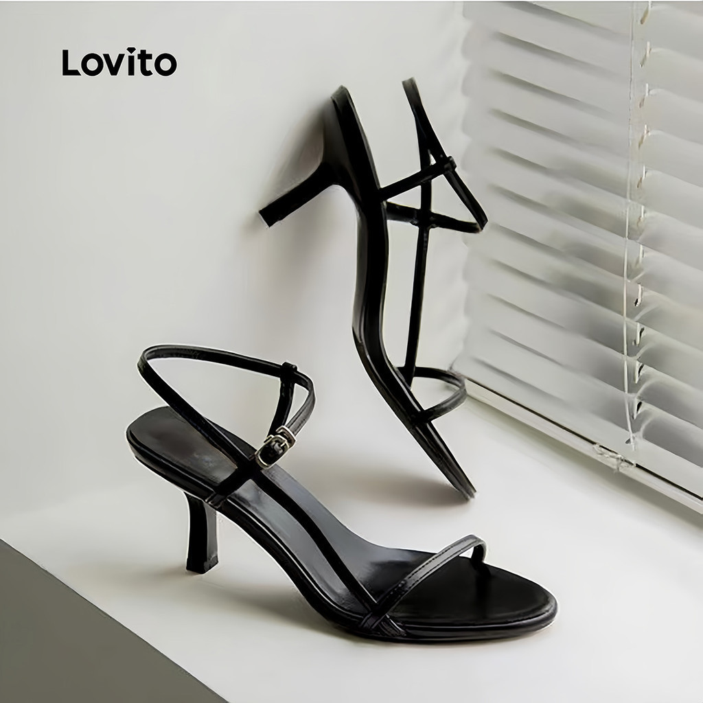 Lovito รองเท้าส้นสูงสีดำเรียบหรูสำหรับใส่ทำงาน สไตล์เกาหลี ส้นเข็มแบบสายเดี่ยว มินิมอล สำหรับผู้หญิง LFA112041
