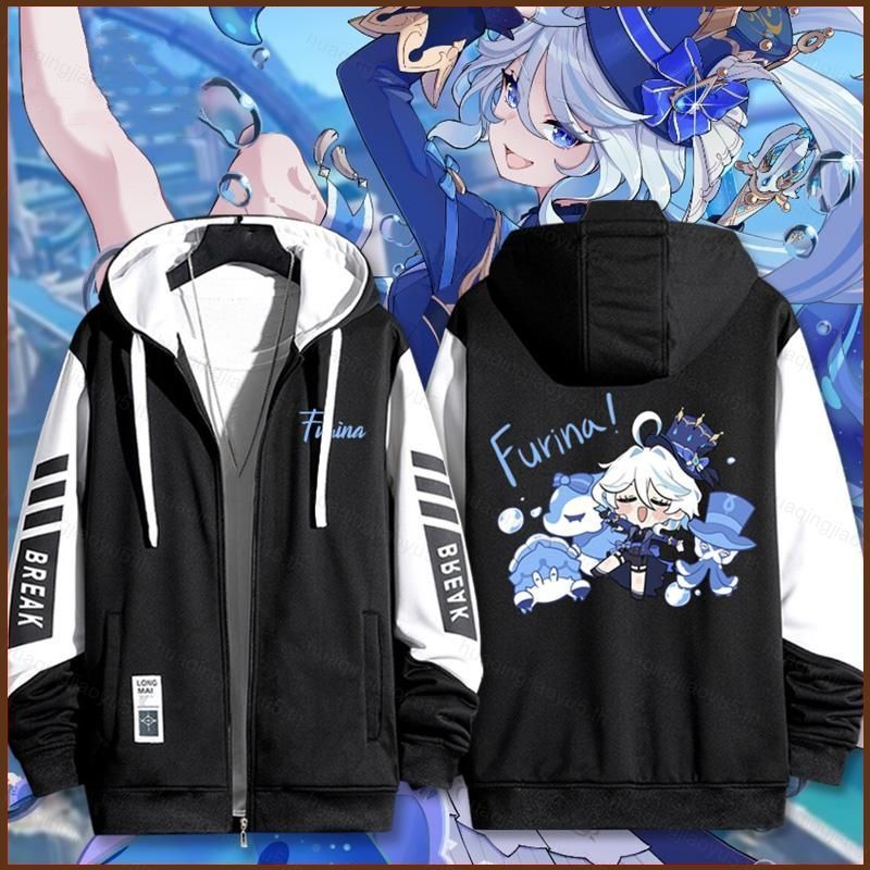 Genshin Impact Furina Focalors เสื้อโค้ทซิป เสื้อแจ็คเก็ตมีฮู้ดเสื้อสเวตเตอร์คาร์ดิแกน