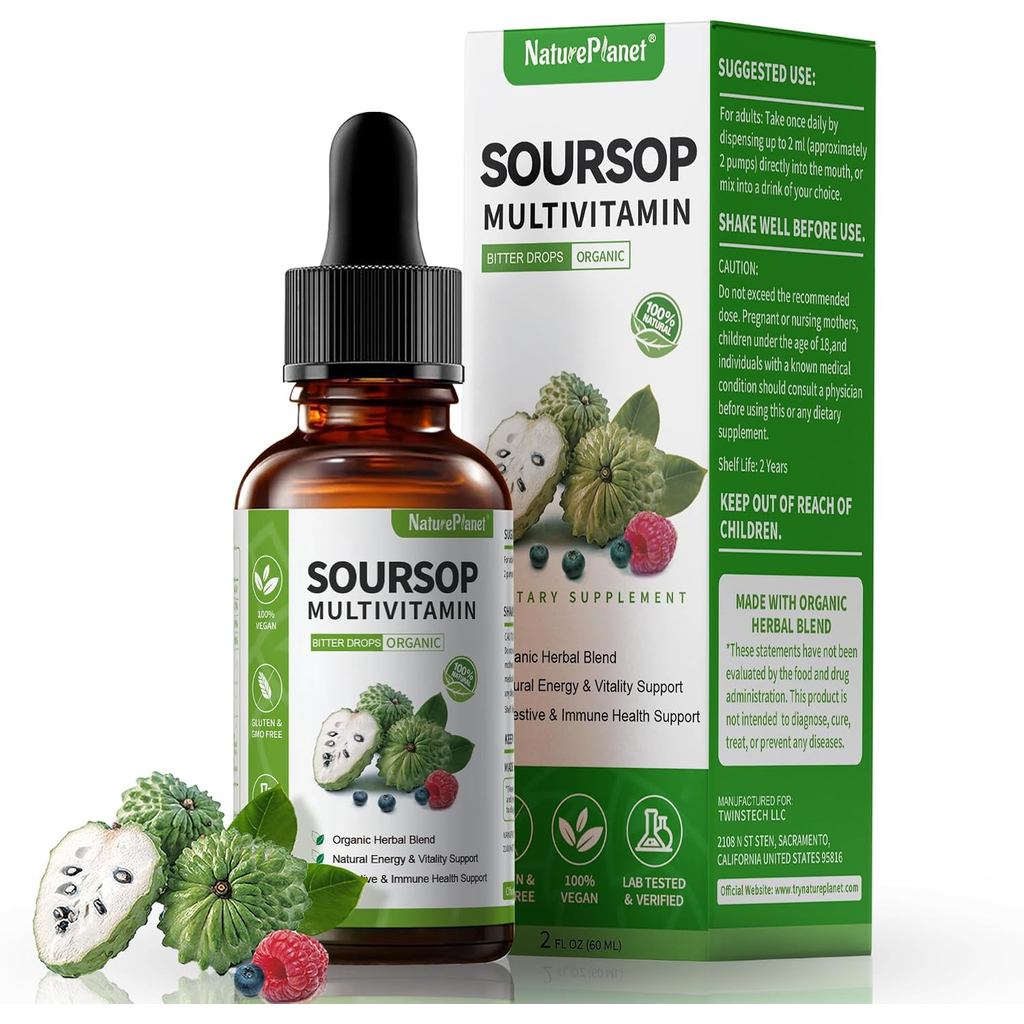 NaturePlanet Graviola Soursop Bitters Liquid Drops, 5000mg Soursop Fruit & Leaf Extract + 10 Bitters