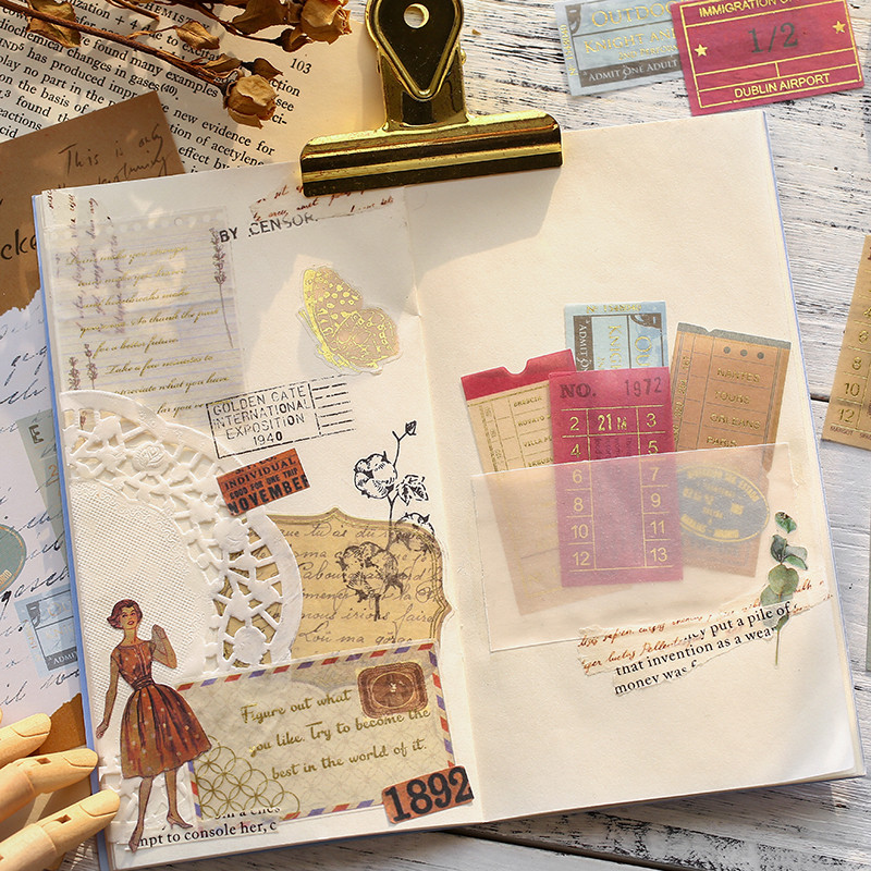 Junk journal Gilding Washi Sticker Pack Retro Natural Plant Ticket Bill Transparent Handbook Sticker