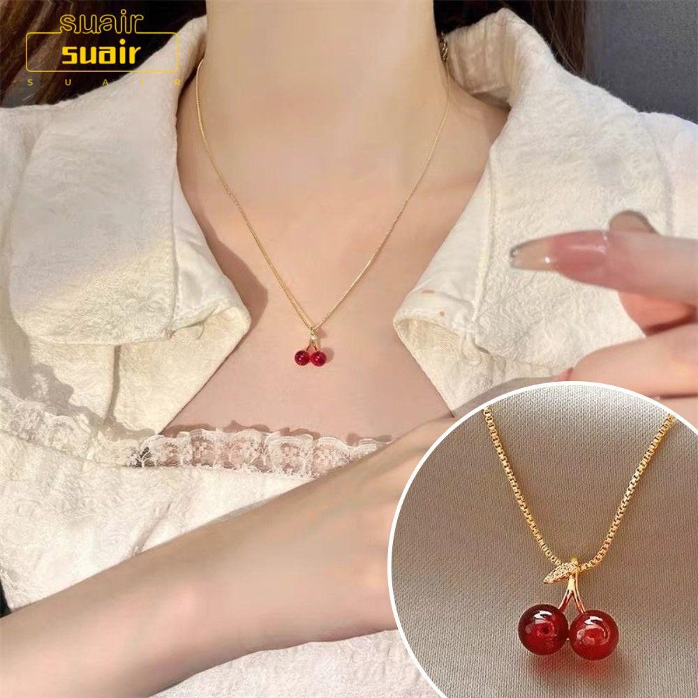 สร้อยคอโซ่ผลไม้ SUAIR, Golden Chain Jewery อุปกรณ์เสริมสร้อยคอจี้เชอร์รี่, สร้อยคอเชอร์รี่สีแดงน่ารั