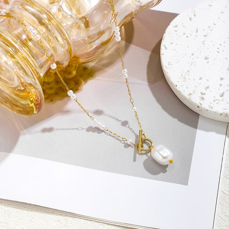 1. 18K Gold Plated OT Toggle Baroque Pearl Station สร้อยคอผู้หญิง Dainty ลูกปัด Clavicle Chain แฟชั่