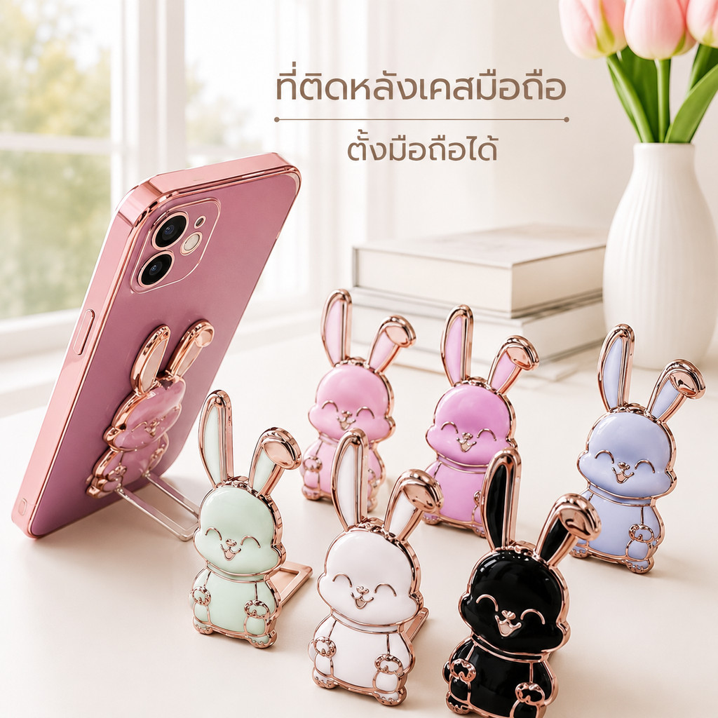 พร้อมส่ง ขาตั้งติดหลังเคสโทรศัพท์มือถือ ลายกระต่ายน่ารัก แบบสติกเกอร์แปะหลัง พับได้ หมุนได้ ใช้ได้ทุกรุ่น