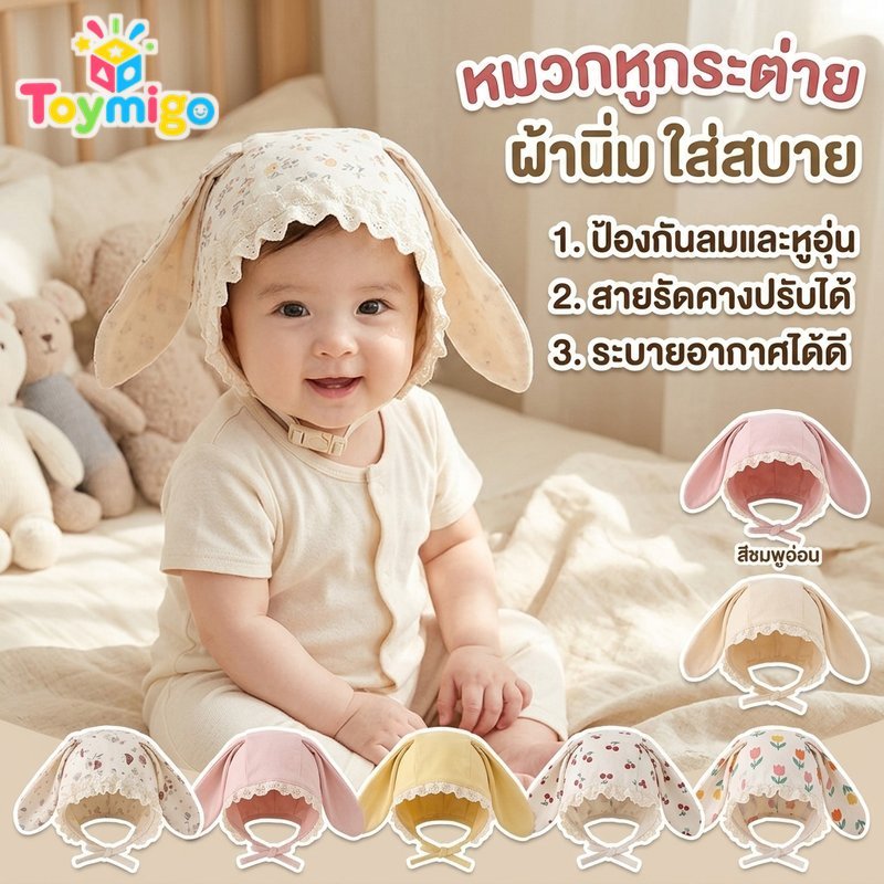 หมวกเด็กกระต่ายหูผ้าฝ้ายนุ่มกันลมอบอุ่นปรับสายรัดคางทารกแรกเกิดภาพน่ารัก