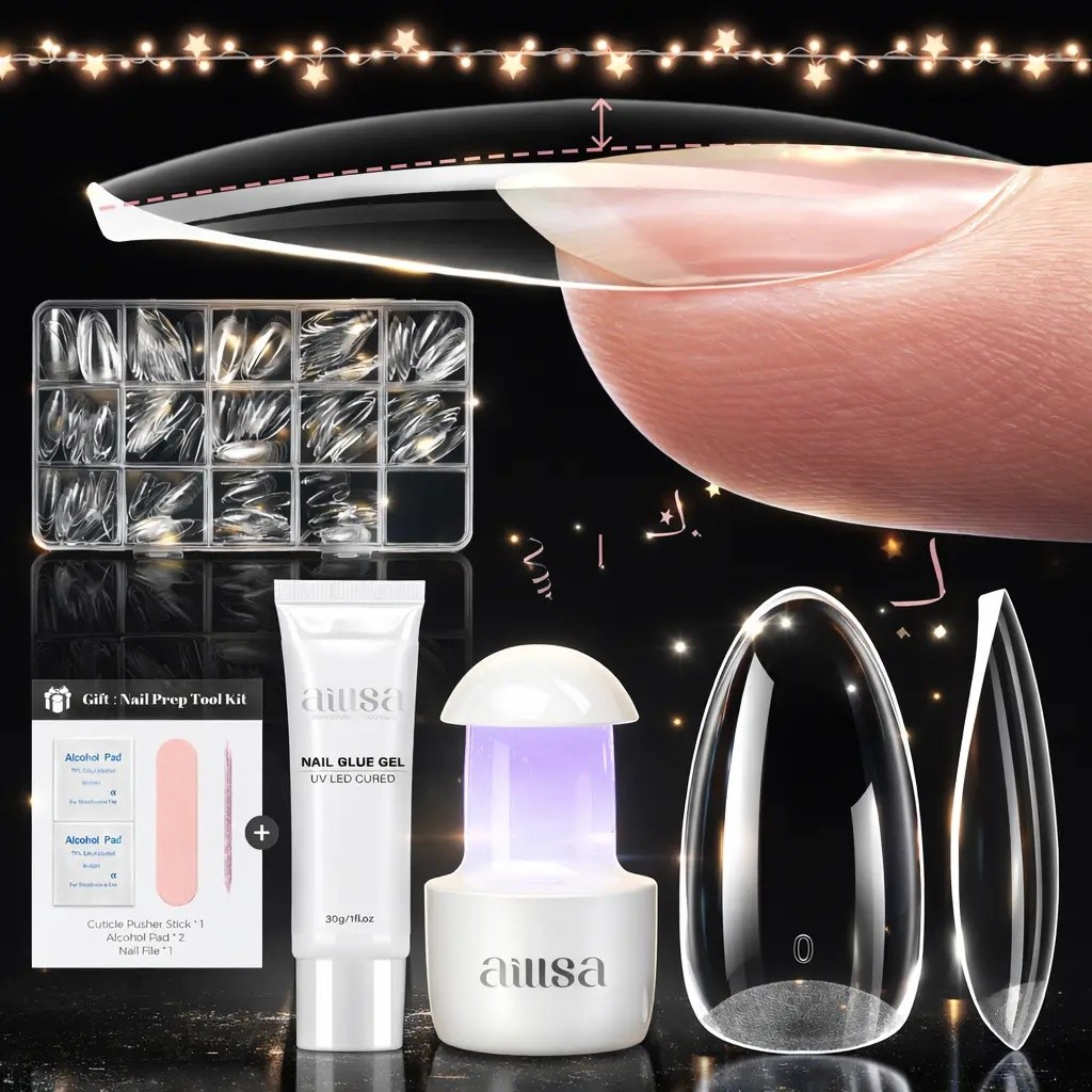 Aillsa 2.0 ชุดเคล็ดลับเล็บใส Curve Fit ในตัว, โคมไฟรักษา UV ขนาดเล็ก, 30g Strong Solid Nail Glue Med