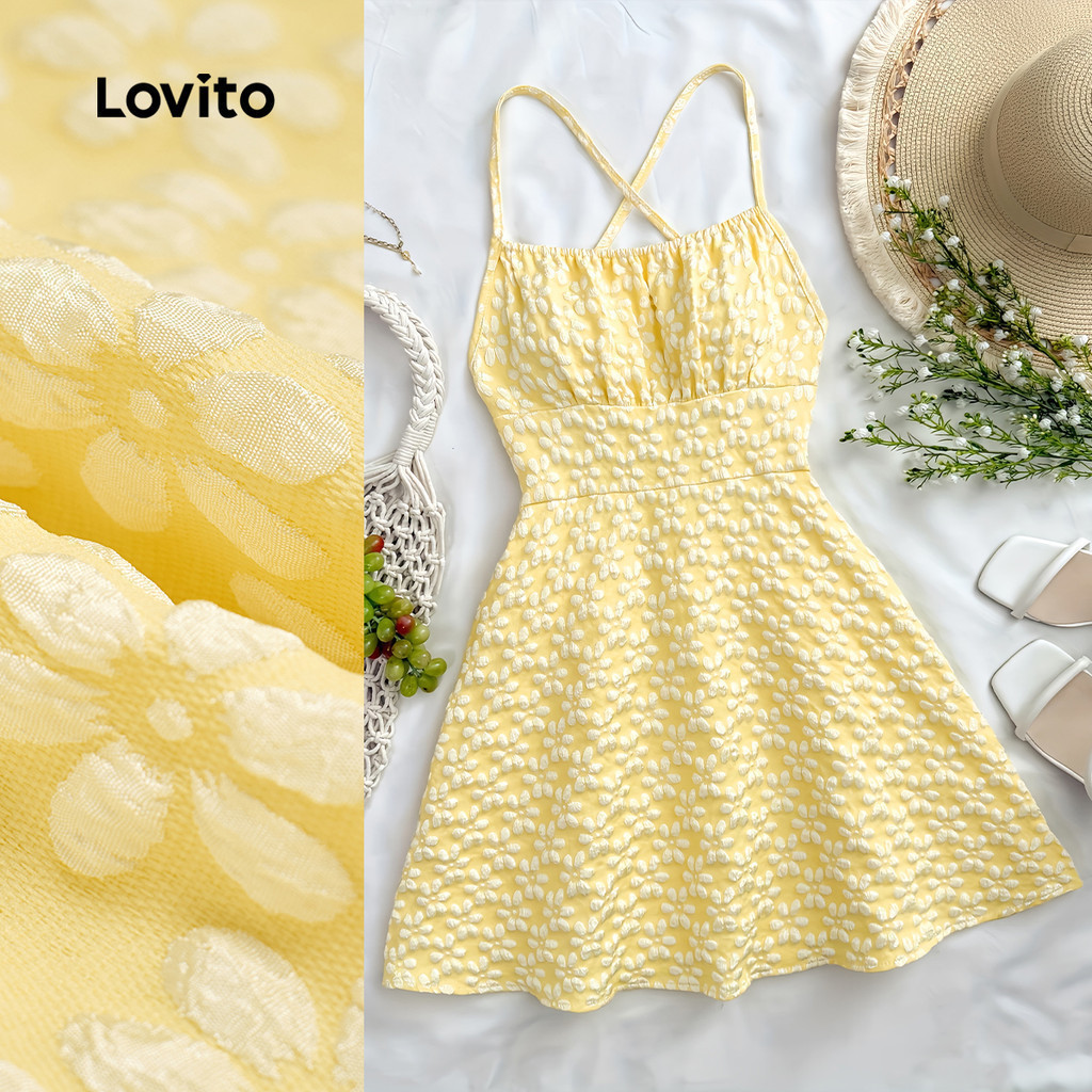 Lovito วันหยุด ชุดเดรสผ้าแจ็คการ์ดสีพื้นสำหรับฤดูร้อน/ฤดูใบไม้ผลิสำหรับผู้หญิง L132ED505