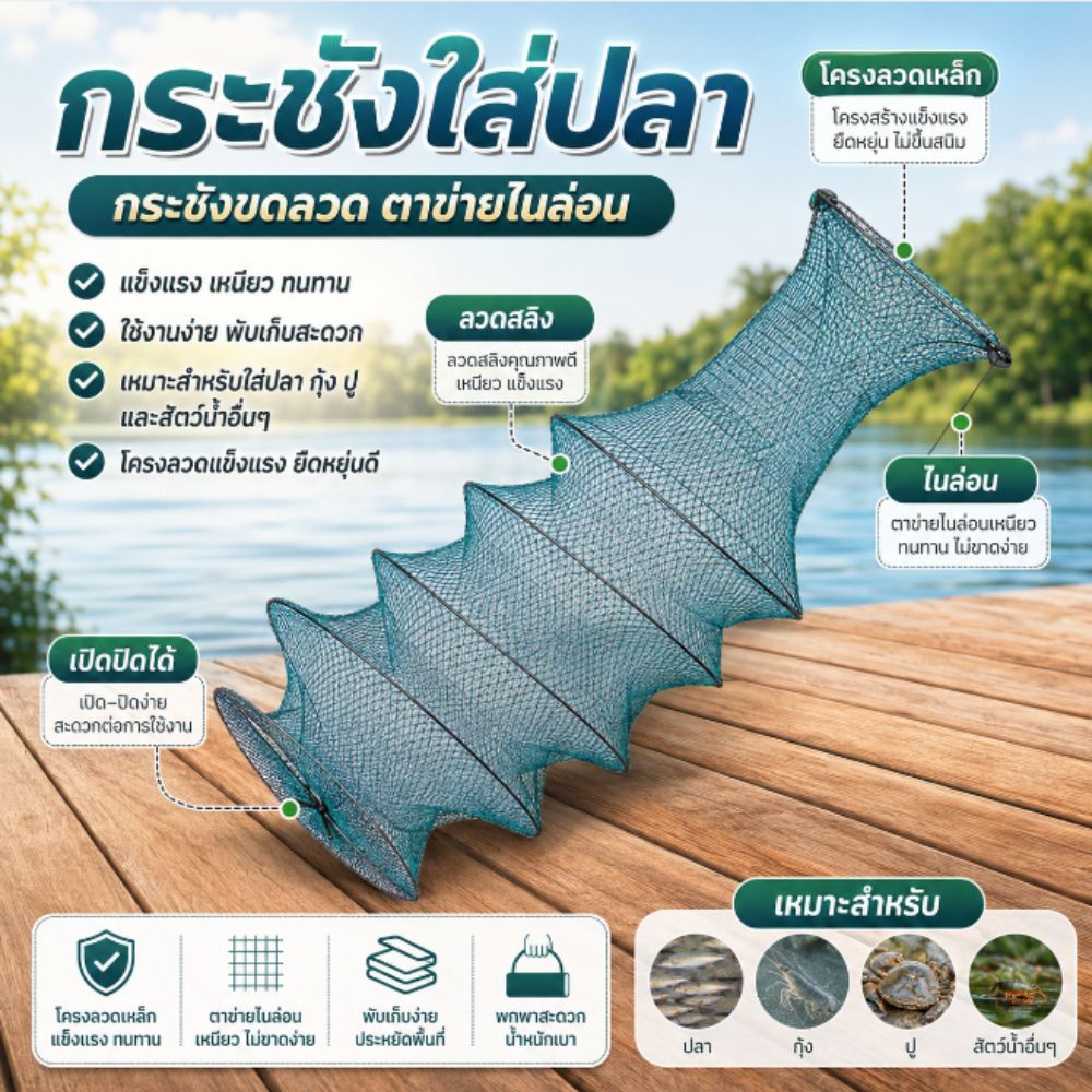 กระชังใสปลา ตาข่ายไนล่อน โครงลวดสลิง พับเก็บได้ แข็งแรง ทนทาน //G0020