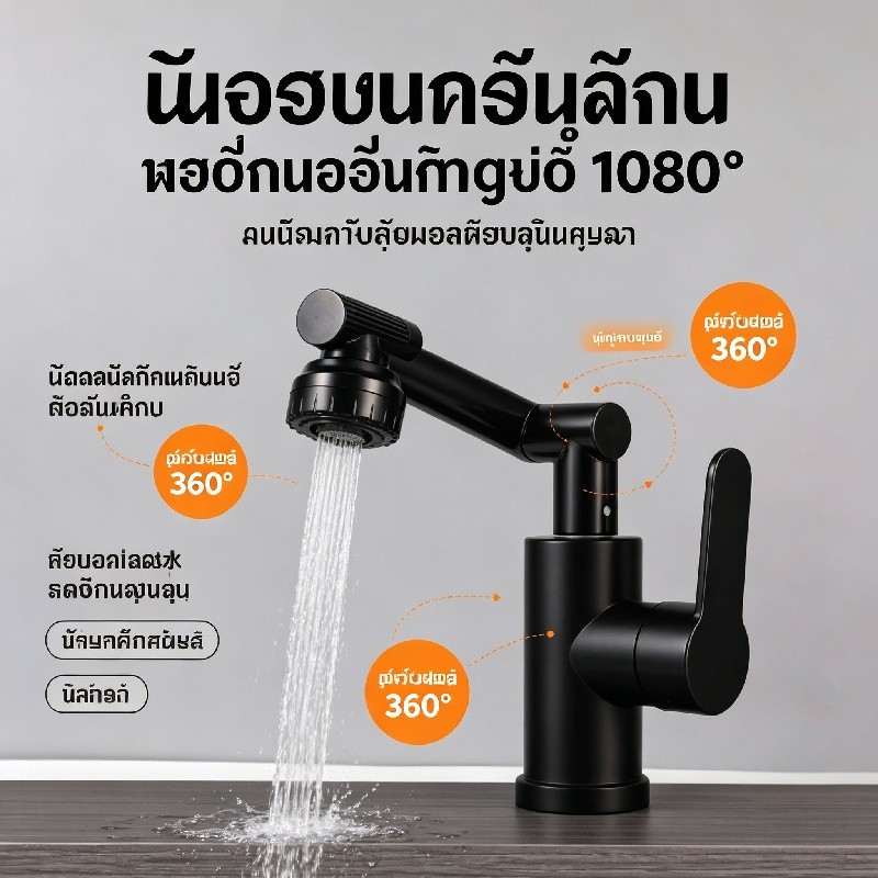 ก๊อกน้ำร้อนเย็น คุณภาพดี หมุน360องศา ปรับรูปแบบน้ำได้ อเนกประสงค์สำหรับห้องครัว