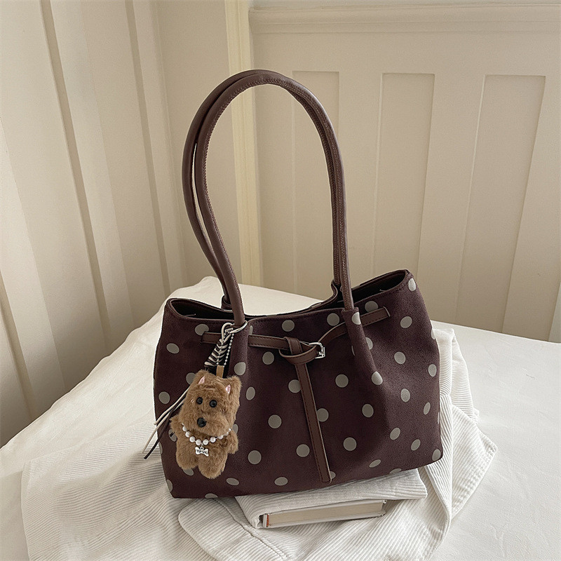 Retro Polka Dot Tote Bag Drawstring Magnetic Buckle Large Capacity Shoulder Commuter Bag