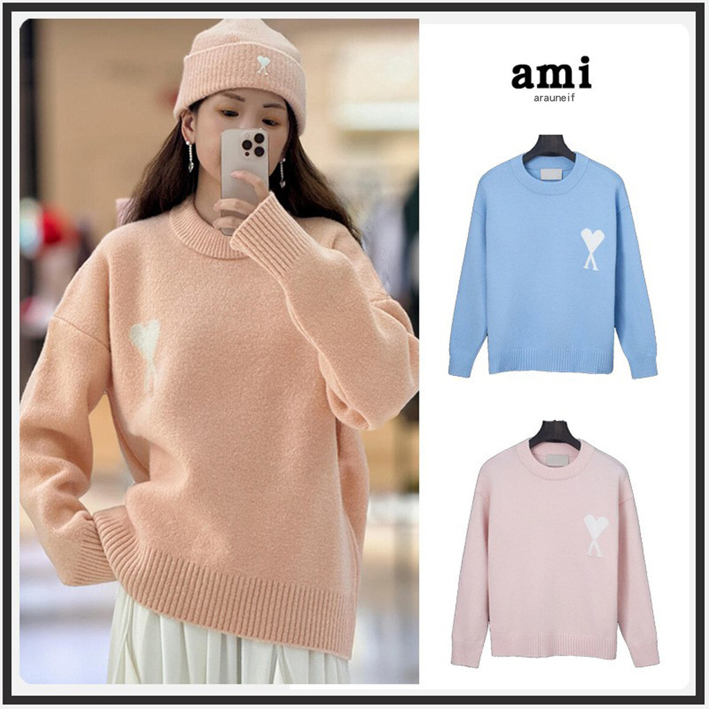 Ami arauneif Sweater Classic Style Jacquard Heart Round Neck Sweater All-Match Sweater