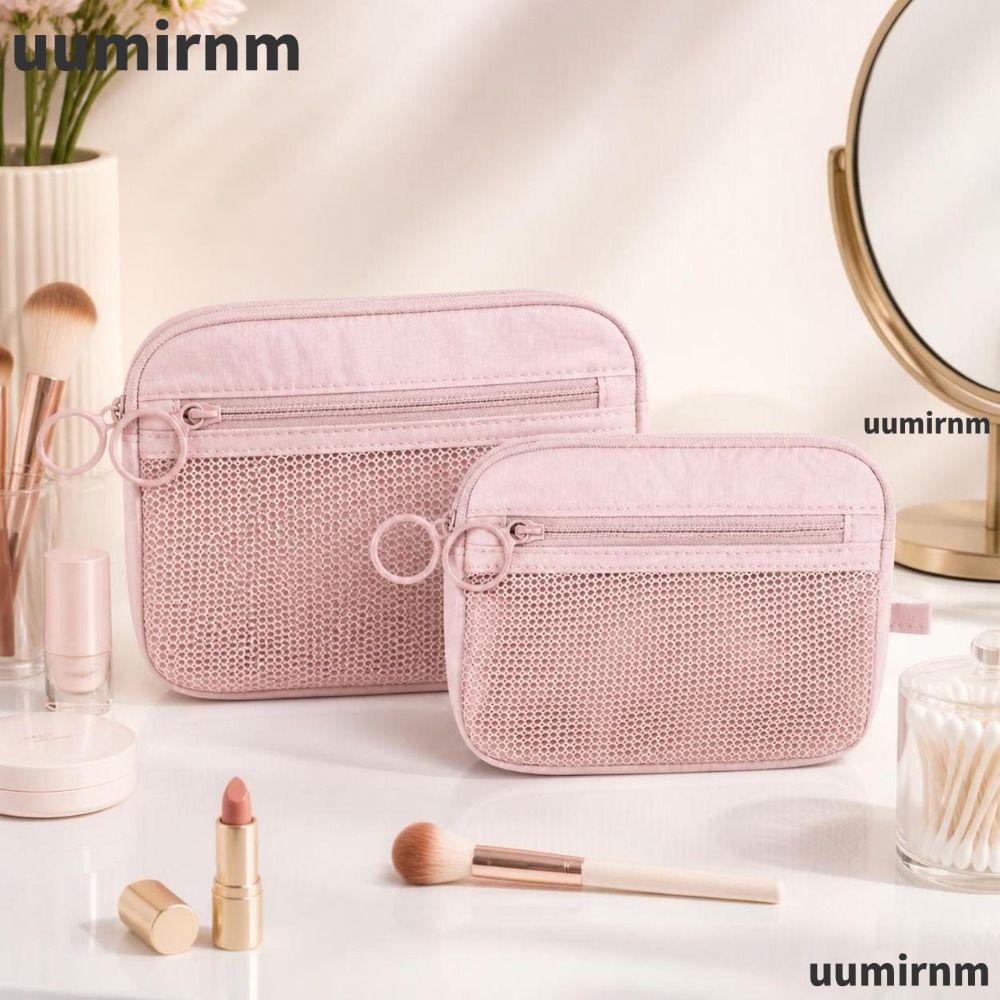UUMIR Travel Organizer,Double Layer Pink Mesh Storage Pouch, Zipper Portable Nylon Cosmetic Bag for 