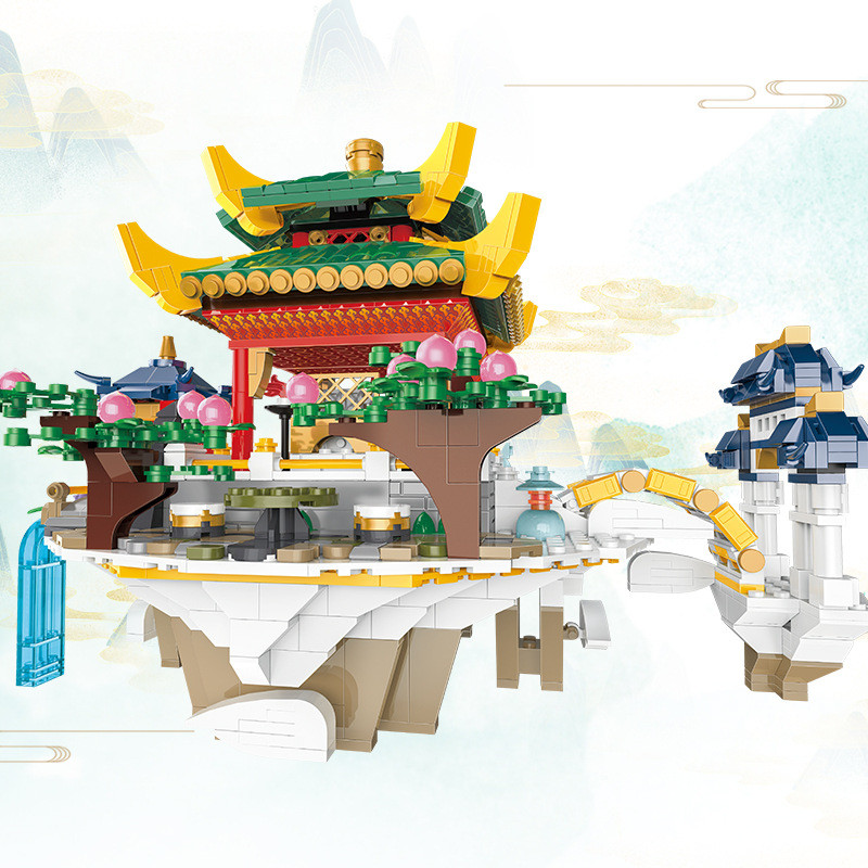 Yuechuang Shangmeiying สินค้าใหม่ที่ได้รับอนุญาต Monkey King Series Lingxiao Palace ของเล่นก่อสร้างพ
